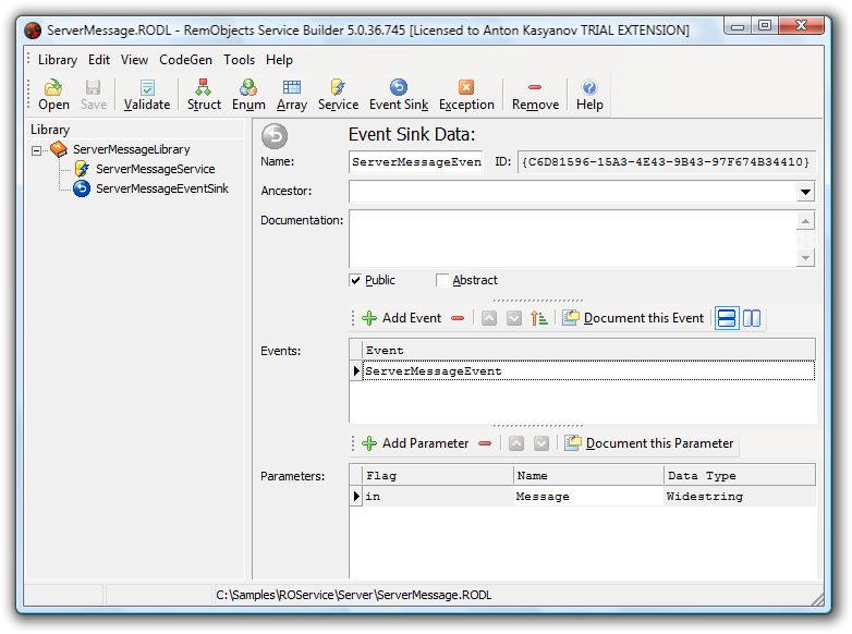 RODL with server event definition opened in RemObjects Service Builder